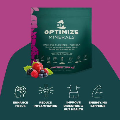 Optimize Minerals Multi Mineral Daily Formula – Magnesium, Electrolytes & Trace Mineral Supplement Powder - Gluten Free Vitamins Drink - Mixed Berry, 30 Servings