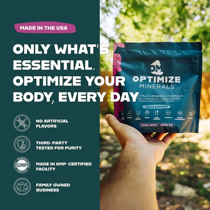 Optimize Minerals Multi Mineral Daily Formula – Magnesium, Electrolytes & Trace Mineral Supplement Powder - Gluten Free Vitamins Drink - Mixed Berry, 30 Servings